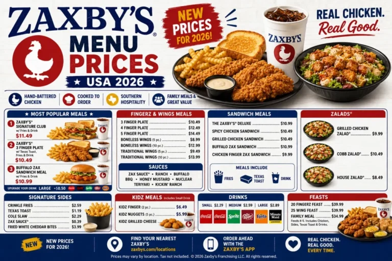 Zaxby’s Menu With Prices 2026, Calories & Deals